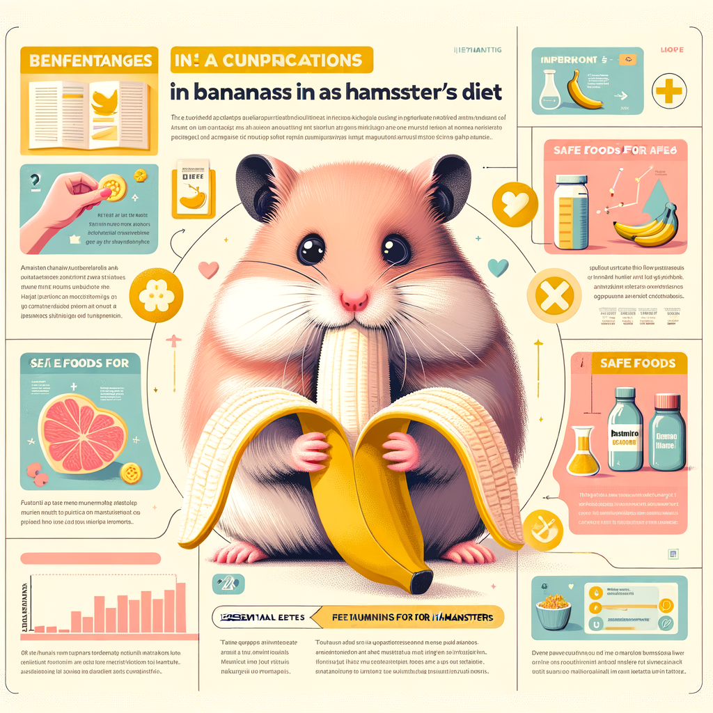 Infographic on Banana Bliss for Hamsters, illustrating benefits of bananas in hamster diet, safe foods for hamsters, and hamster nutrition, featuring a happy hamster enjoying a banana piece.