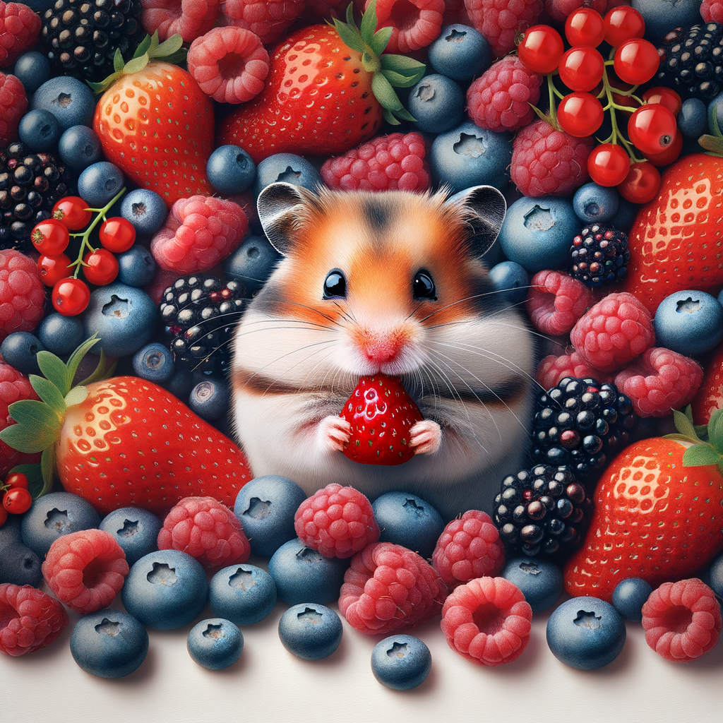 Healthy hamster enjoying berries in hamster food, illustrating the nutritional value and health benefits of a balanced hamster diet with berry benefits for hamsters.