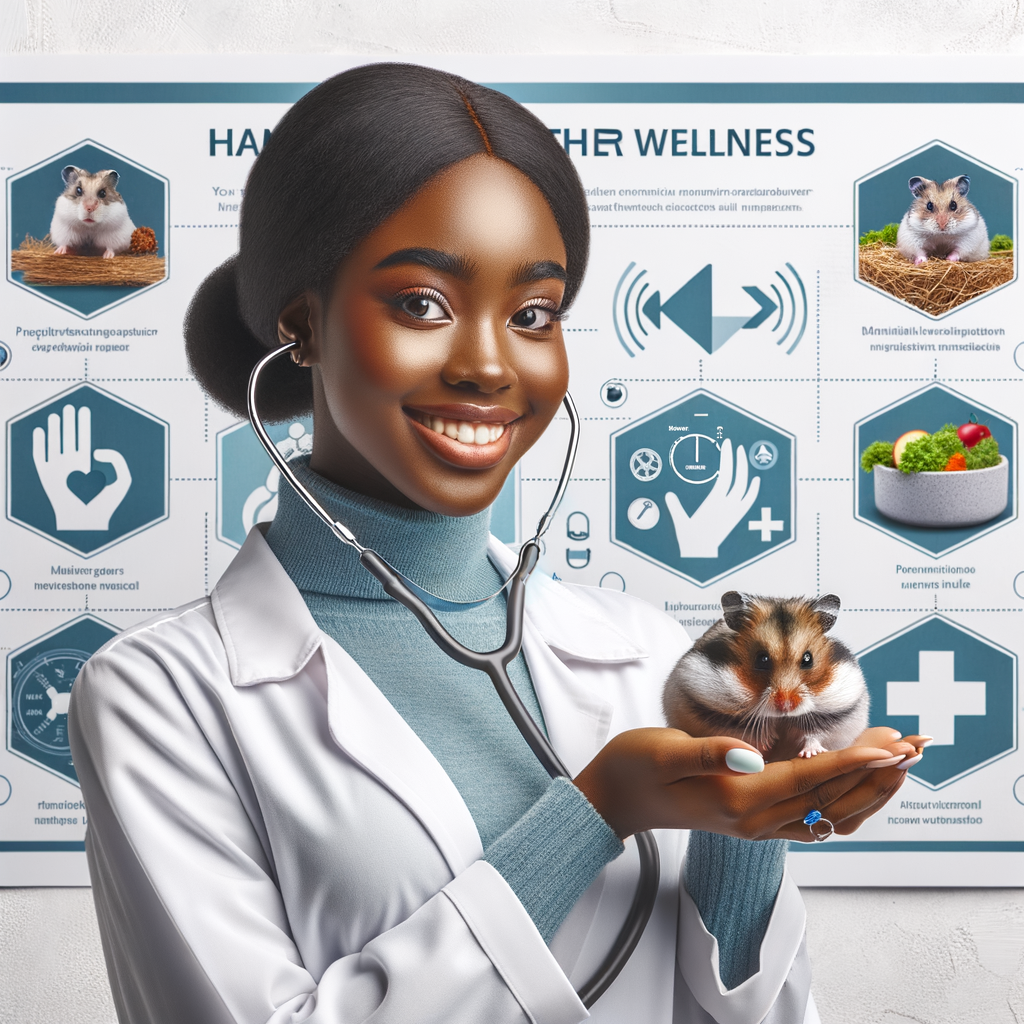 Veterinarian providing hamster health tips, promoting physical and mental wellness in hamsters using a stethoscope, with a hamster wellness guide in the background for maintaining and improving hamster health.