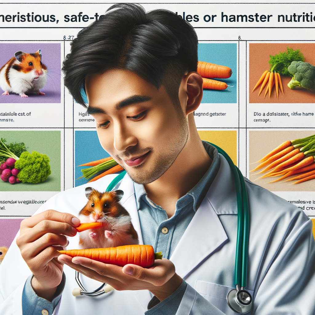 Vet demonstrating carrot diet for hamsters, highlighting carrot benefits for hamster health and nutrition, with a chart of safe vegetables and hamster food guidelines in the background.