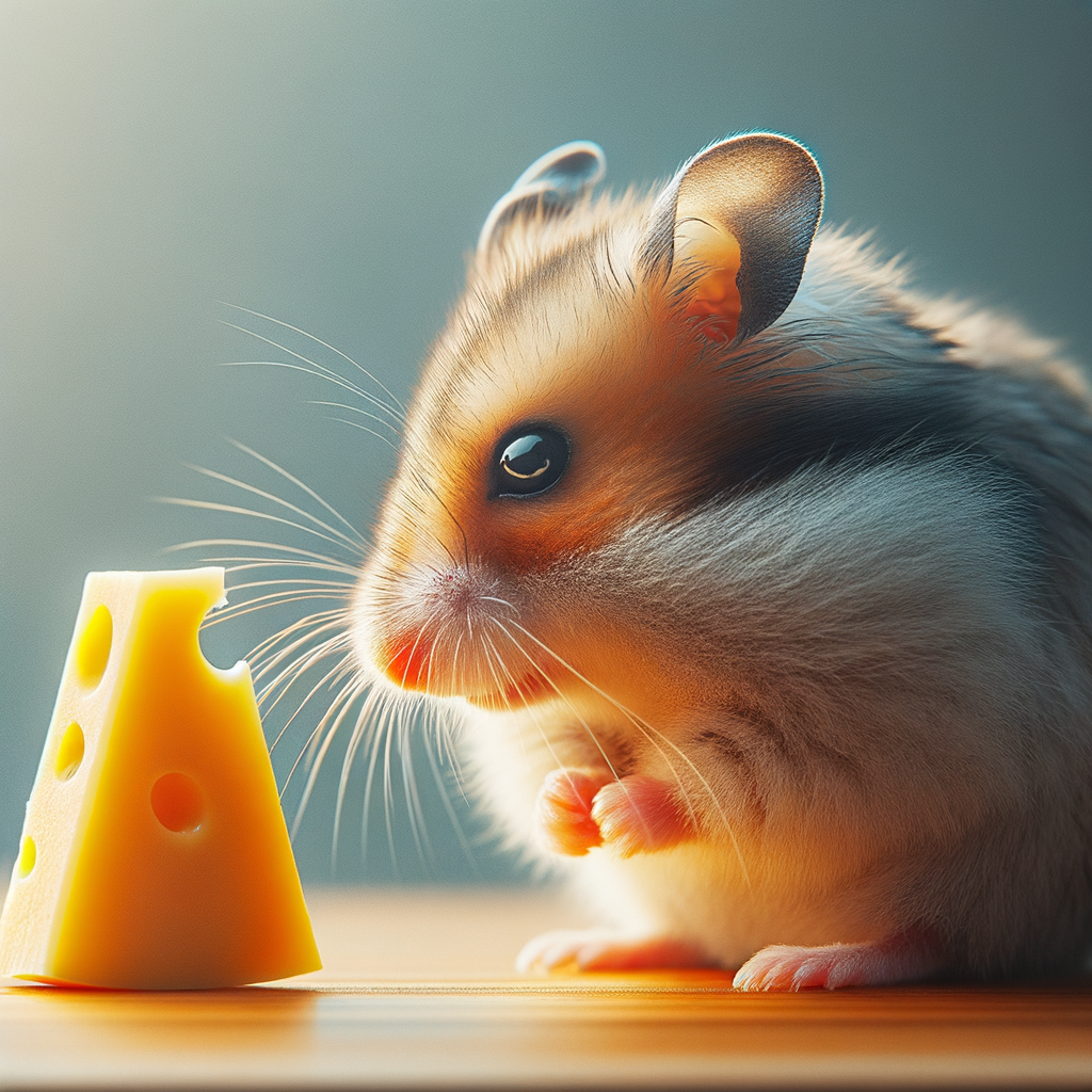 Hamster contemplating safe cheese for hamsters, illustrating cheese quandary in hamster diet and cheese consumption dilemma, reflecting hamster food preferences and nutrition.