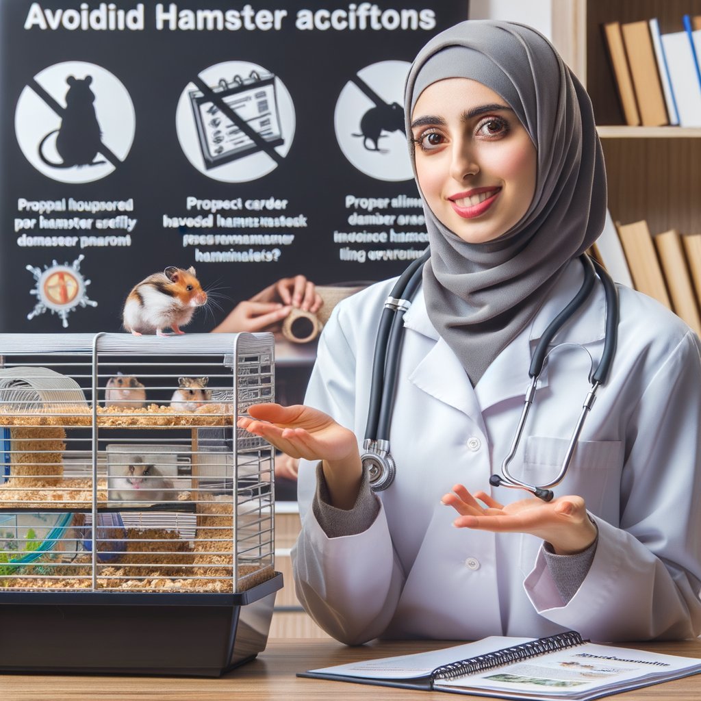 Veterinarian demonstrating hamster safety measures and precautions in a secure hamster environment, emphasizing on hamster habitat safety and prevention of accidents for hamster health and safety, with a poster on creating a safe hamster home in the background.