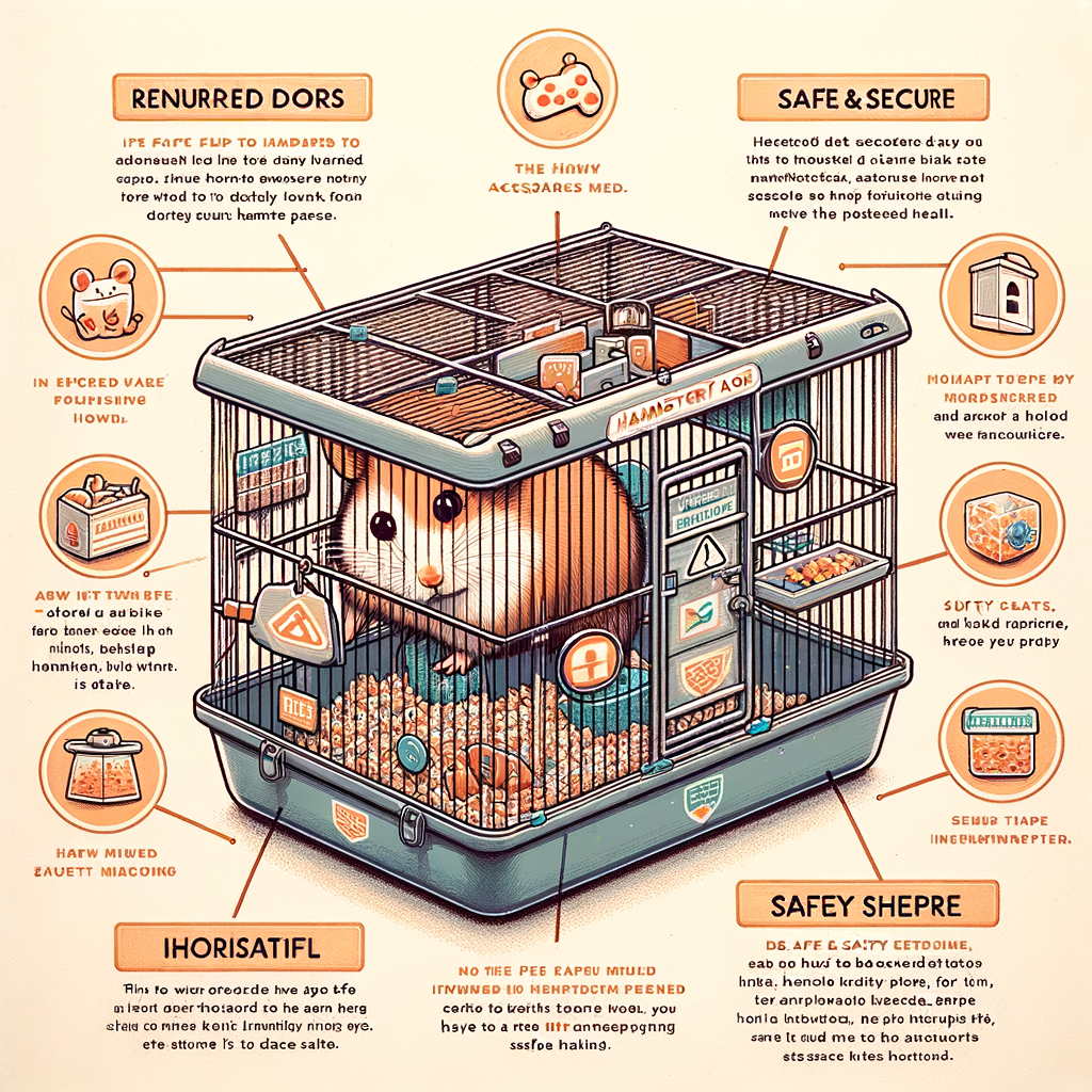 Infographic illustrating hamster cage safety tips and secure hamster environment essentials for a safe hamster habitat setup, providing a hamster habitat guide for ensuring hamster safety.