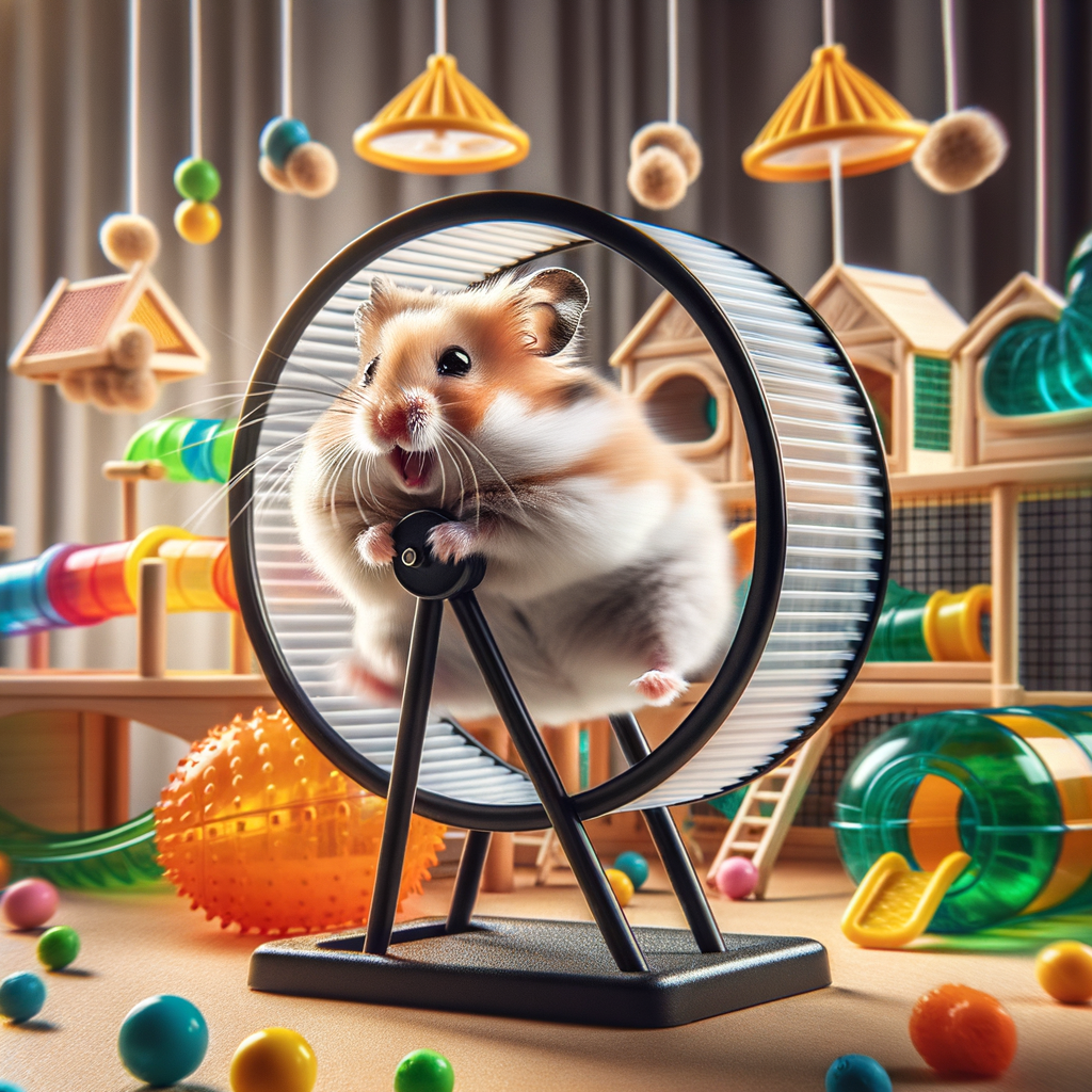 Hamster energetically exercising on custom wheel, showcasing tailored hamster activities for optimal pet fitness and hamster care in a personalized pet exercise regimen.