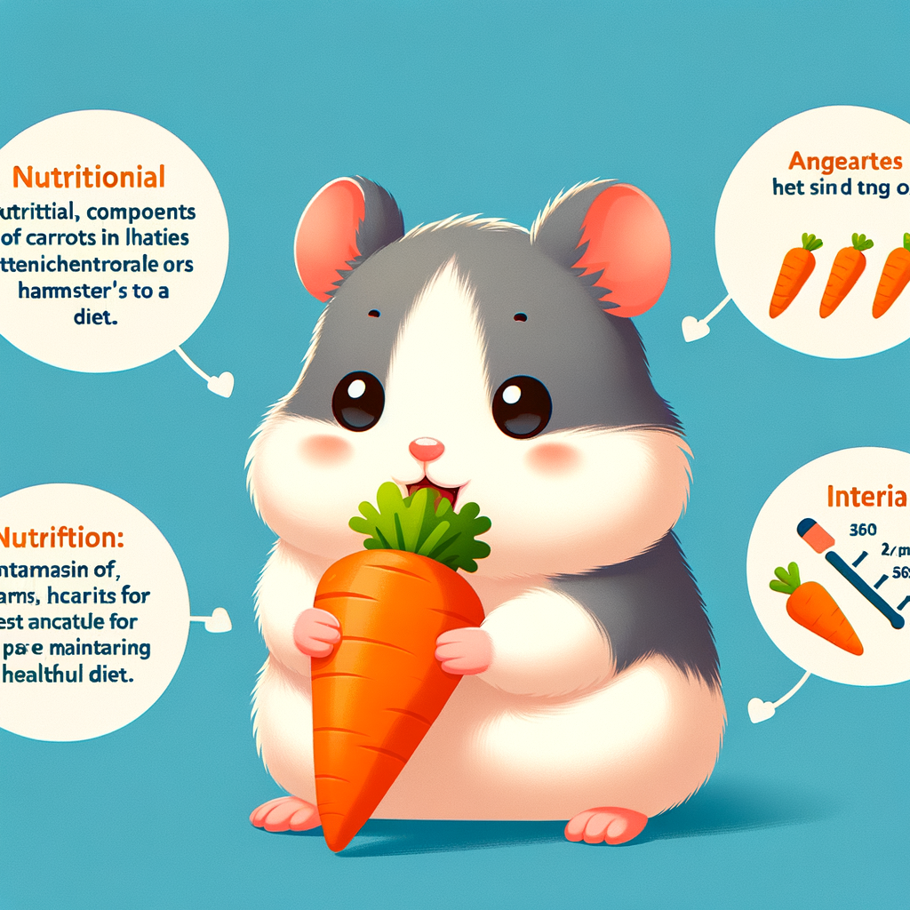 Infographic showing hamster diet with focus on carrot consumption, benefits of carrots for hamsters, hamster food habits, and the nutritional value of carrots in maintaining a healthy diet for hamsters.