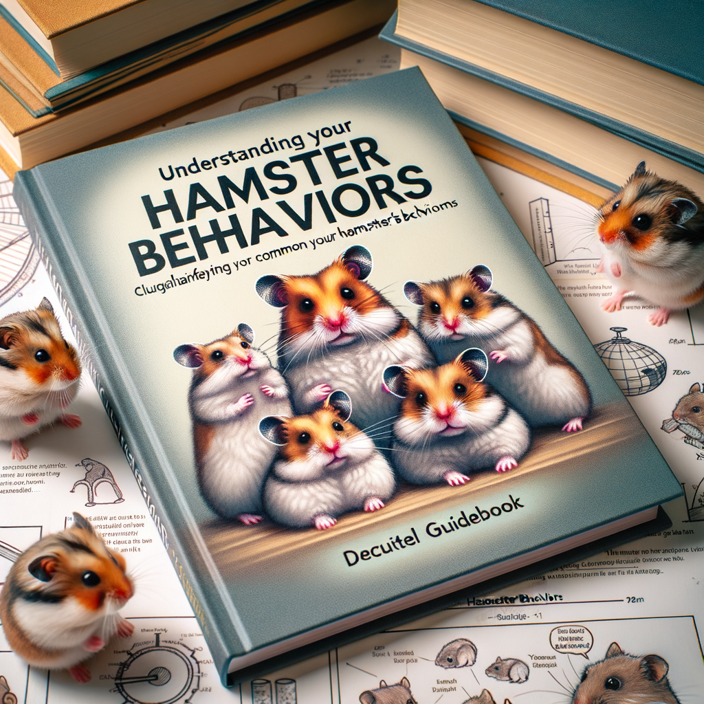 Hamster behavior guidebook with illustrations, tips, and FAQs, surrounded by curious hamsters symbolizing the quest to understand common hamster behaviors and address behavior issues.