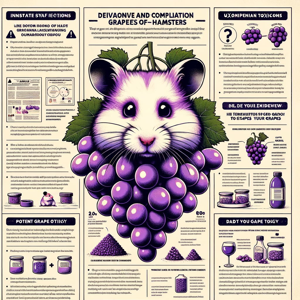 Comprehensive Grape Guide infographic illustrating the relationship between Grapes and Hamsters, covering Hamster Diet, Feeding Grapes to Hamsters, Grape Toxicity in Hamsters, and Hamster Nutrition, with a focus on whether Grapes are Safe for Hamsters, as part of a Hamster Food Guide and Hamster Care Tips.
