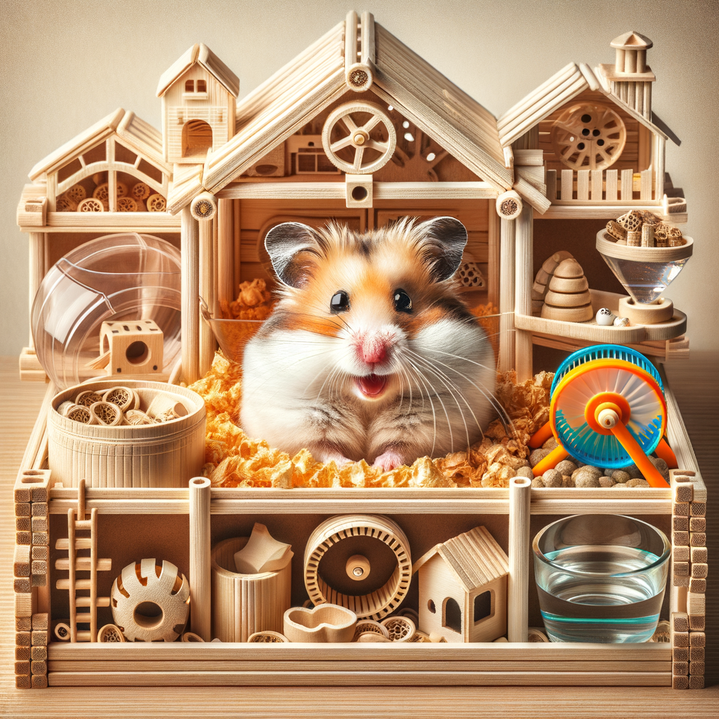 A pet hamster enjoying its DIY hamster hideout, showcasing hamster care and cozy pet spaces in a well-crafted hamster habitat for an indoor hamster house.