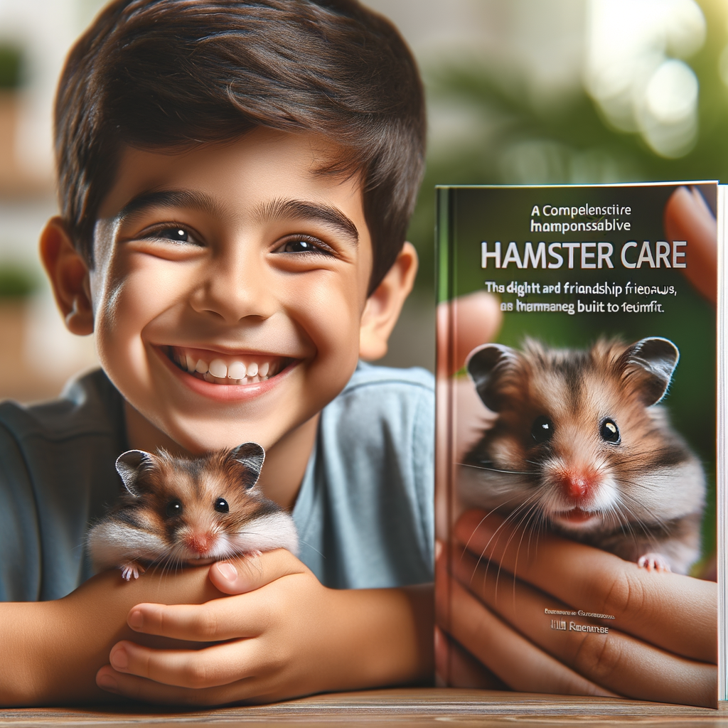 Joyful child cradling pet hamster, highlighting the benefits of hamster ownership and care tips from a guide book in the background.