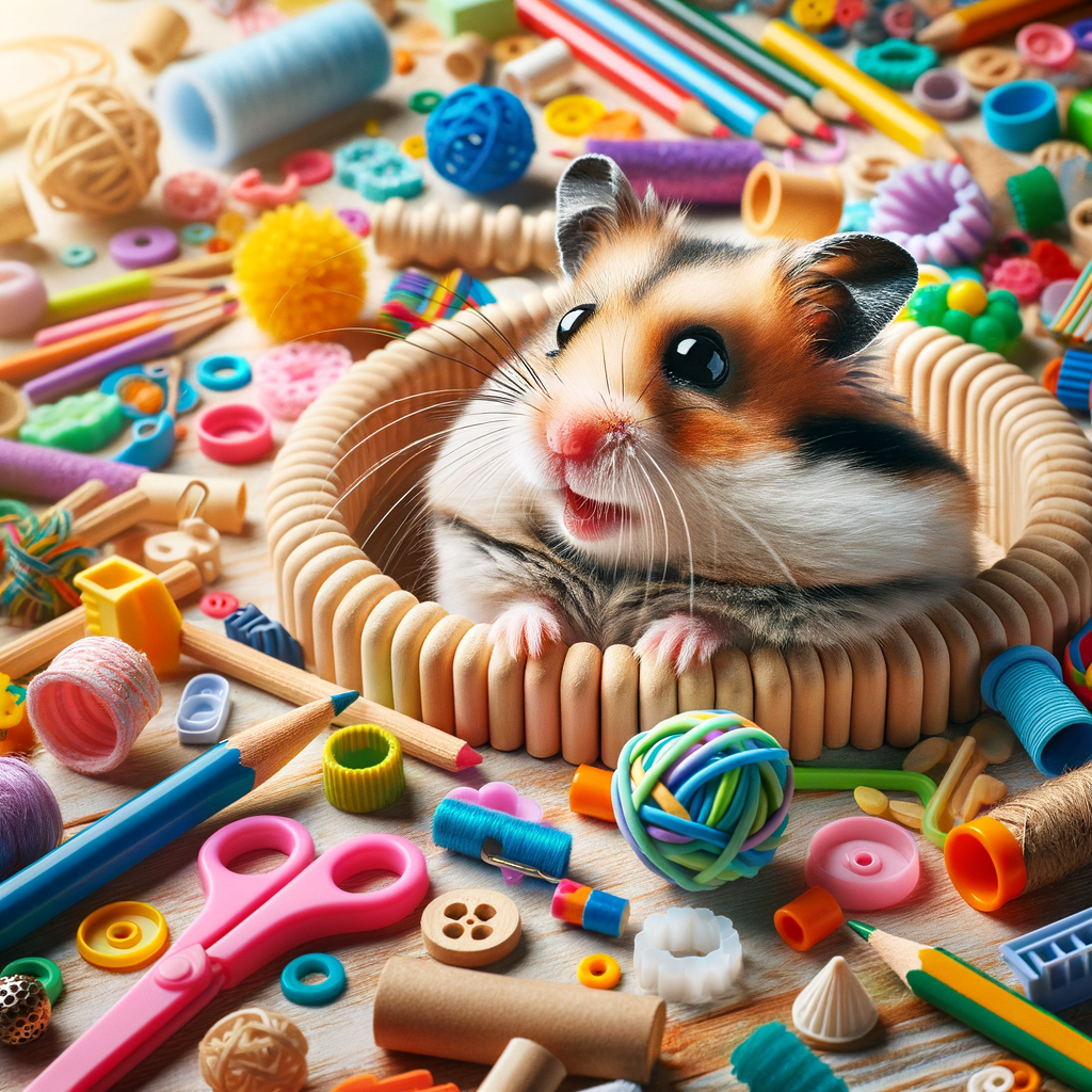 Hamster joyfully playing with DIY hamster toys crafted from household items, showcasing easy and creative hamster enrichment ideas and DIY pet enrichment activities.