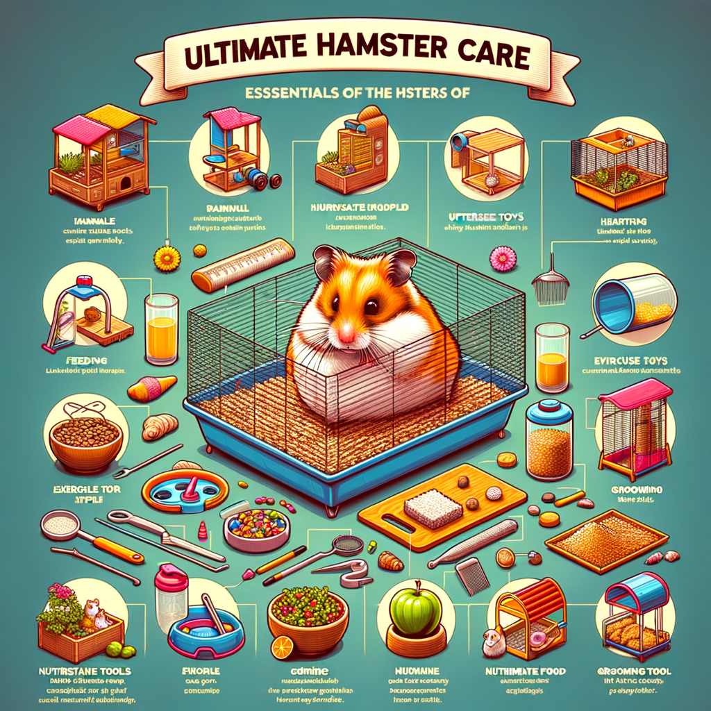 Visual hamster care guide illustrating essential hamster supplies, cage essentials, feeding and grooming tools, and optimal habitat setup for best hamster care.