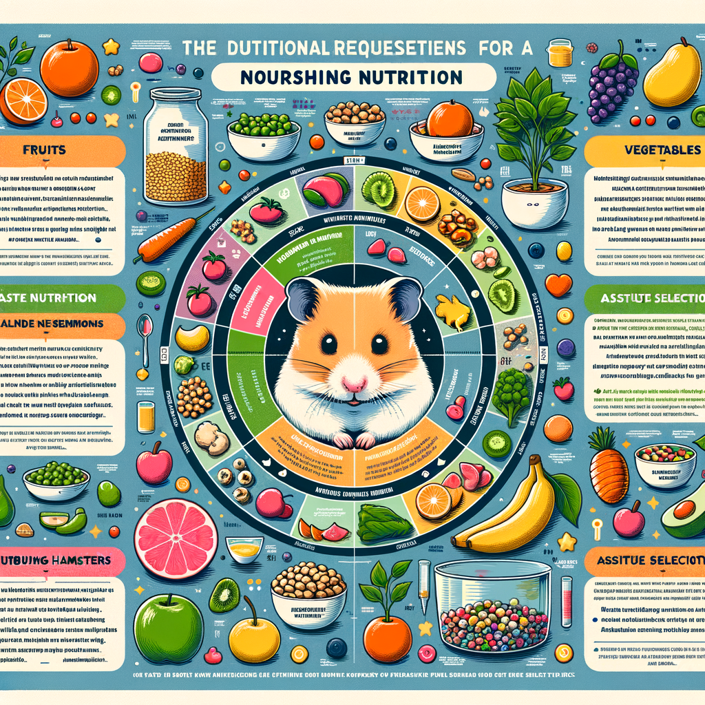 Infographic illustrating diverse diet for hamsters, highlighting hamster nutrition, dietary needs, best food options, and a balanced feeding guide for healthy hamster food variety.