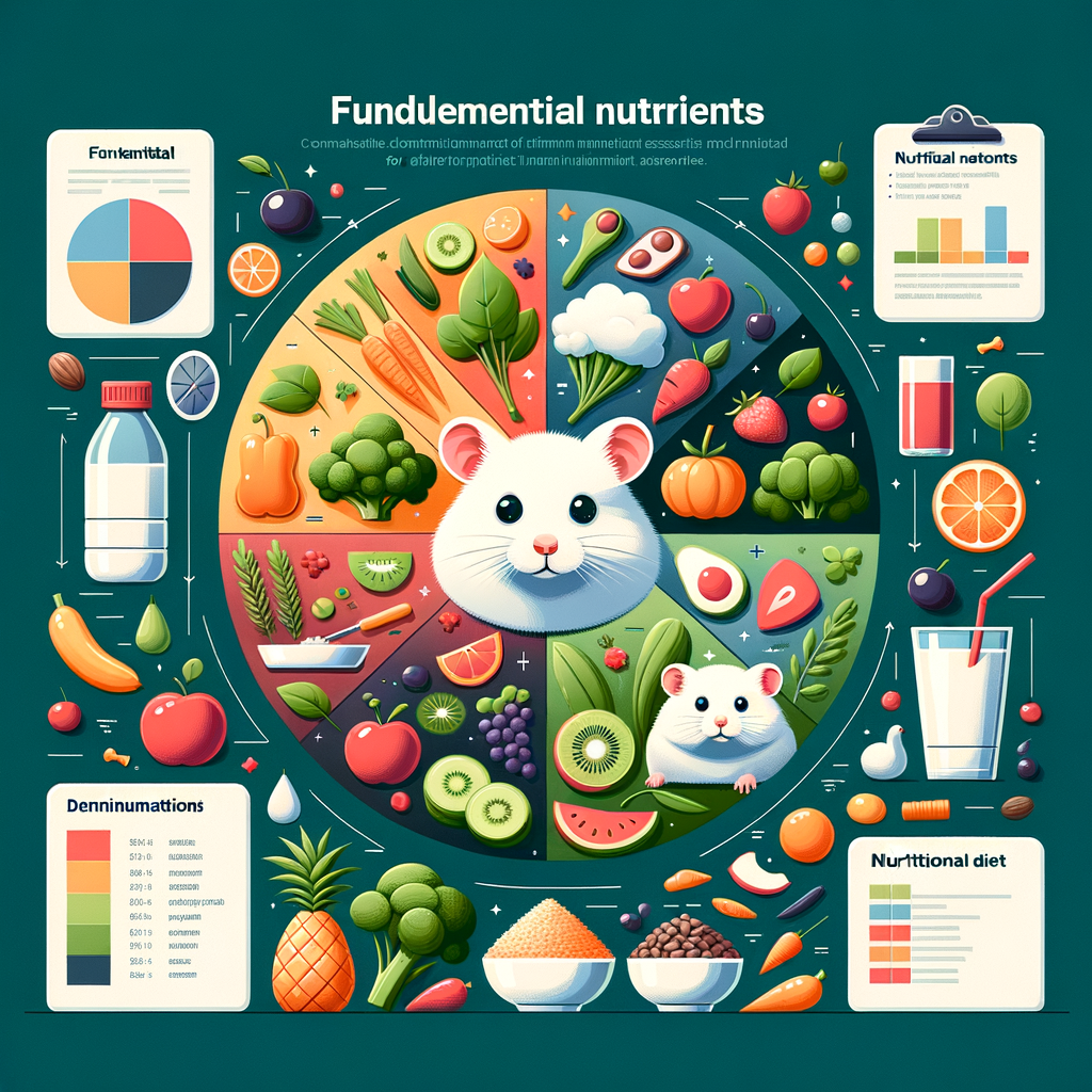 Infographic of essential nutrients for hamsters, showcasing balanced hamster diet with fruits, vegetables, proteins, and a pie chart guide on crafting a hamster diet for a healthy lifestyle.