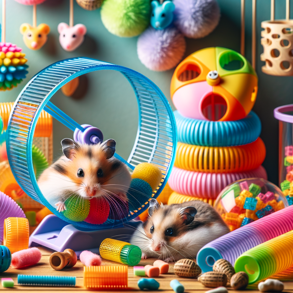 Variety of safe and interactive DIY hamster toys including exercise wheels and tunnels for hamster entertainment, playtime, and enrichment ideas.