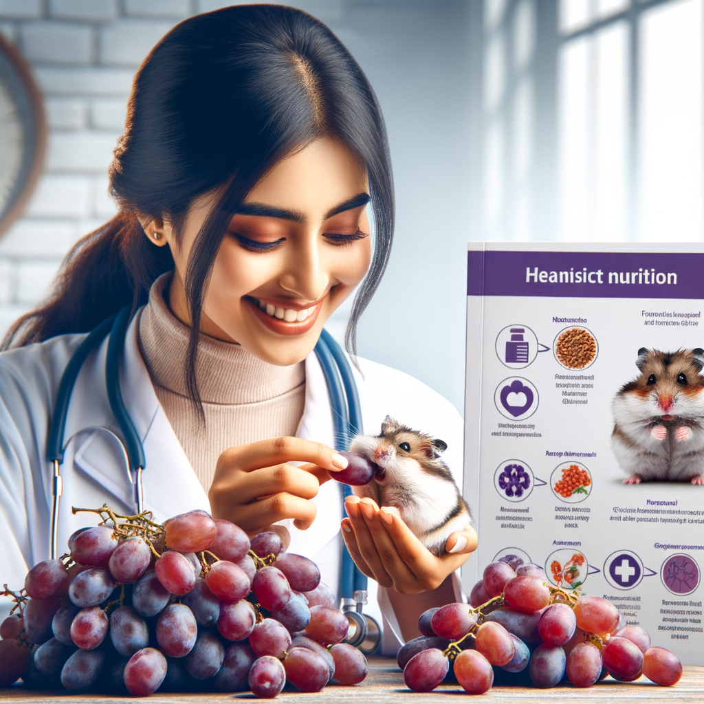 Vet feeding grapes to a happy hamster, highlighting grape benefits for hamsters and showcasing a hamster nutrition guide and grape diet chart for healthy hamster foods.
