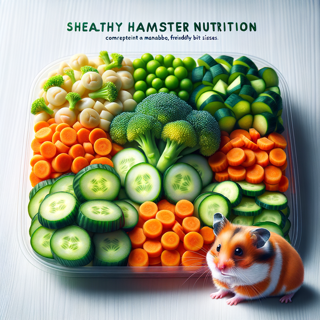 Healthy hamster food featuring safe vegetables for hamsters like broccoli, cucumber, and carrot, emphasizing hamster nutrition and care through a vegetable diet for the best hamster diet.