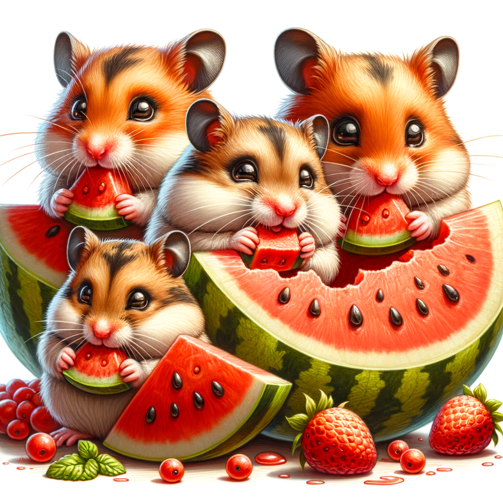 Hamsters eating watermelon as part of their diet, showcasing the benefits of this safe fruit for hamster health and nutrition.
