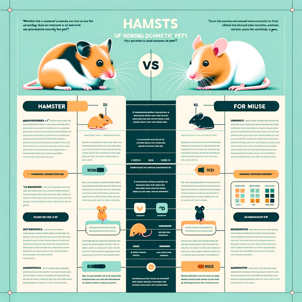 Infographic comparing hamster and mouse as pets, highlighting pros and cons, hamster care vs mouse care, aiding in choosing the best pet between hamster and mouse.