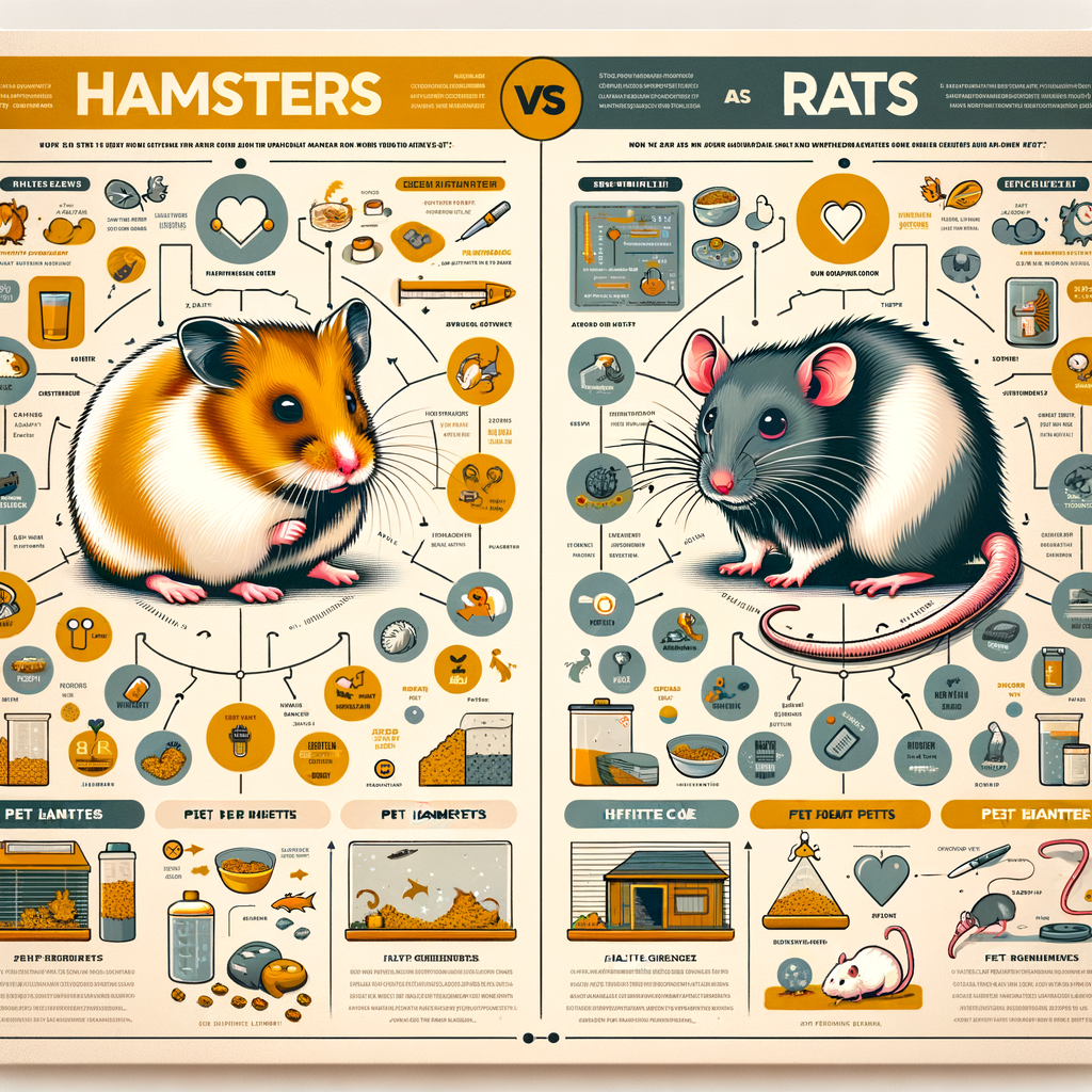 Infographic comparing hamster vs rat as pets, showcasing differences in behavior, care needs, and benefits, with tips on choosing the right pet and aspects of pet hamster and rat care.