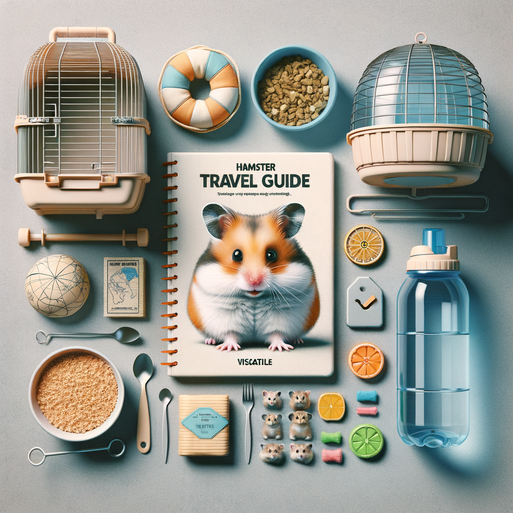 Hamster travel essentials kit with travel cage, water bottle, food, bedding, and a 'Hamster Travel Guide' book, highlighting safe hamster travel tips and journey essentials for traveling with pet hamsters.