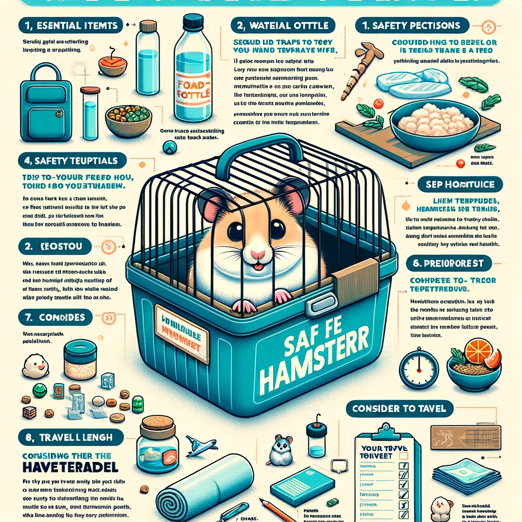 Infographic illustrating a comprehensive hamster travel guide with essentials checklist, safety precautions, and tips for preparing your hamster for a smooth and comfortable journey.