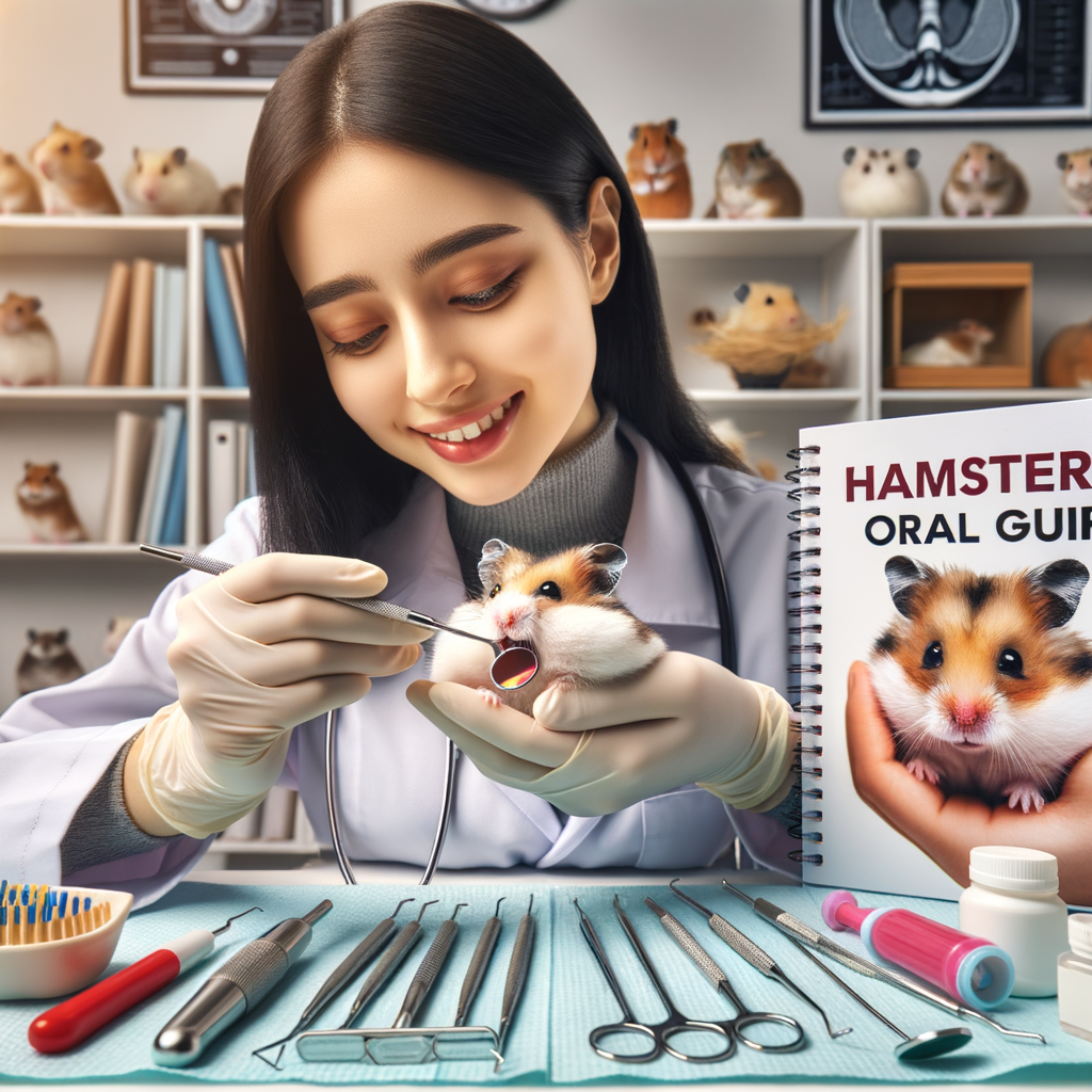 Veterinarian examining hamster's teeth with dental tools, demonstrating dental care for hamsters and preventing hamster dental issues, with 'Hamster Oral Care Guide' book in the background for maintaining oral hygiene and preventing tooth decay in hamsters.