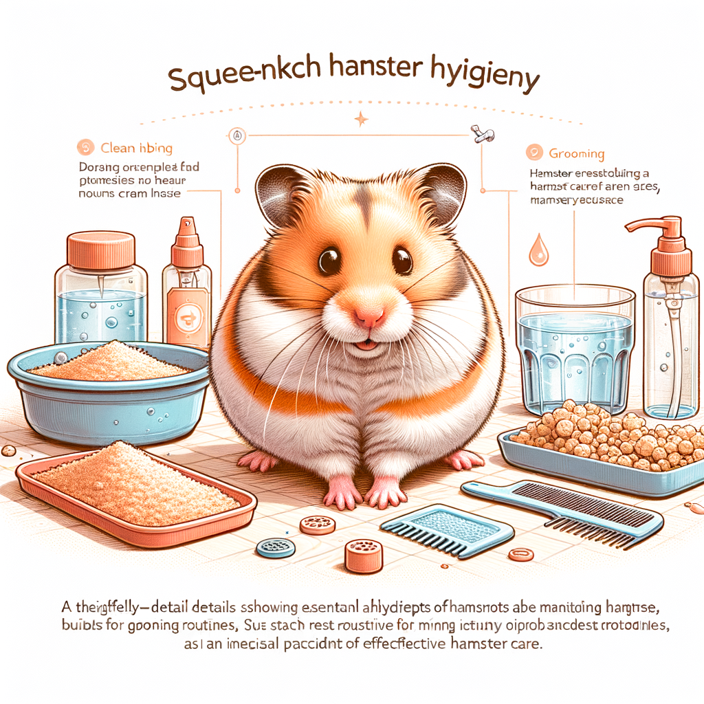 Professional illustration demonstrating best practices for hamster hygiene and cleanliness, providing visual hygiene tips for maintaining and grooming hamsters as part of comprehensive hamster care.