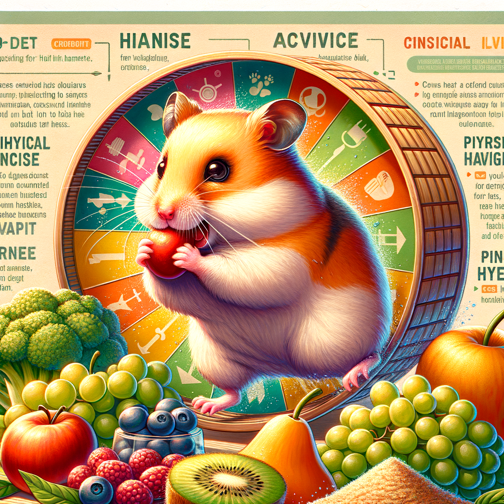 Happy hamster enjoying a healthy diet, exercise, and hygiene routine, with a checklist of hamster wellness tips in the background for maintaining pet health and happiness.