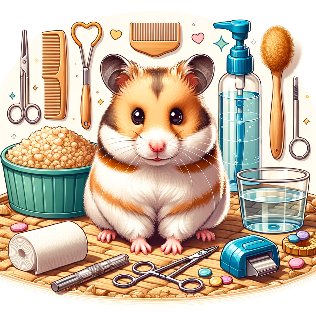 Professional hamster grooming setup with various tools and a clean habitat, illustrating essential hamster grooming tips and pet hamster care for maintaining cleanliness and comfort.