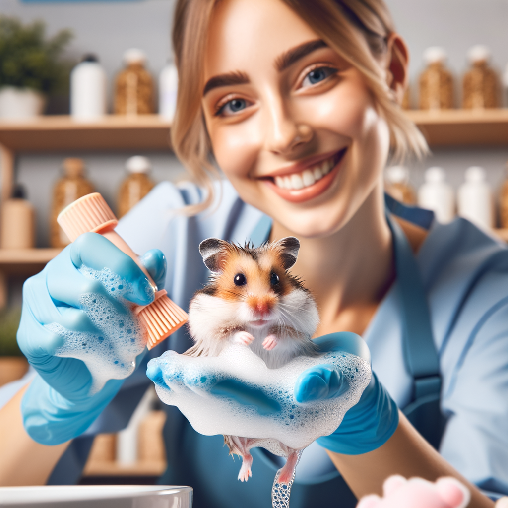 Professional pet groomer demonstrating hamster hygiene and pet hamster care, focusing on bathing a hamster and hamster grooming tips for keeping hamsters clean, emphasizing the importance of fresh and clean hamsters for optimal hamster care basics.