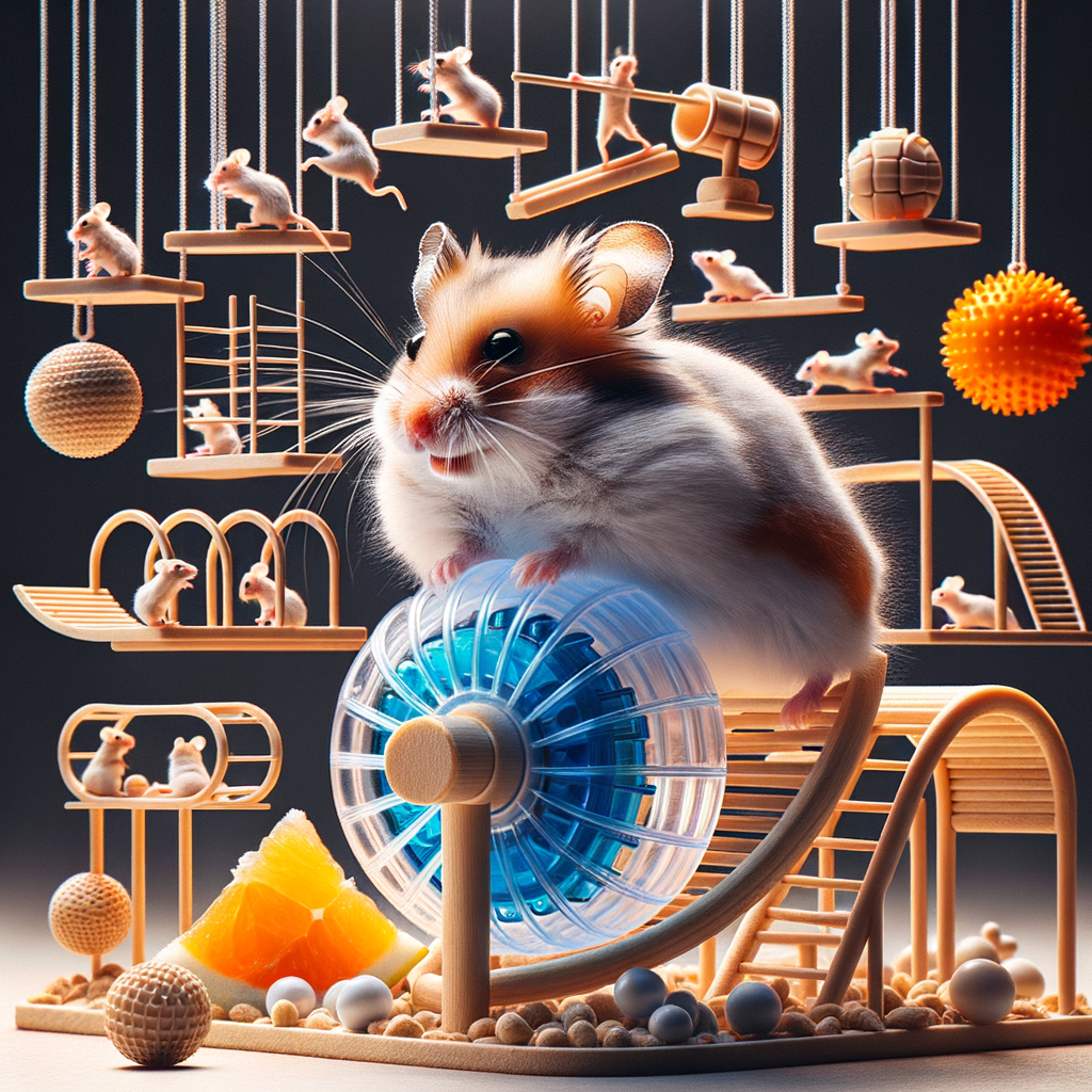 Hamster engaging in unique exercise options like climbing ladders and playing with fitness balls, showcasing innovative hamster fitness alternatives beyond the traditional wheel.