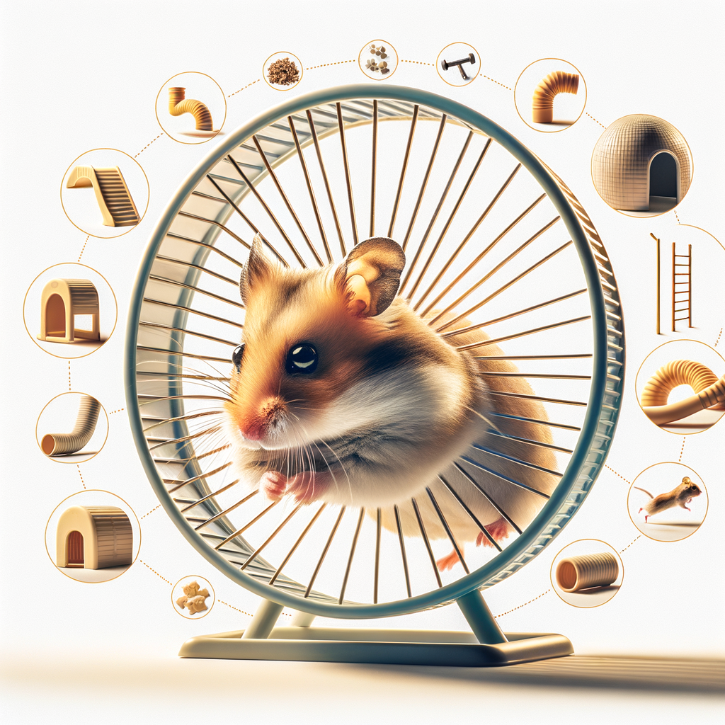 Hamster actively participating in wheel training, demonstrating the importance of exercise for hamsters and promoting healthy habits, surrounded by various hamster exercise equipment for comprehensive hamster care.