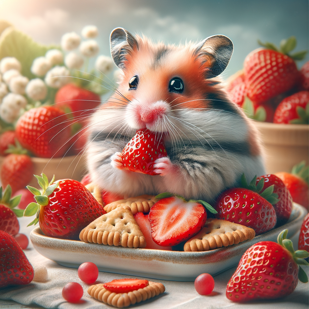 Happy hamster enjoying safe strawberry snacks, part of a Berry Bonanza for hamsters, highlighting a balanced diet with safe fruits and homemade hamster snacks.