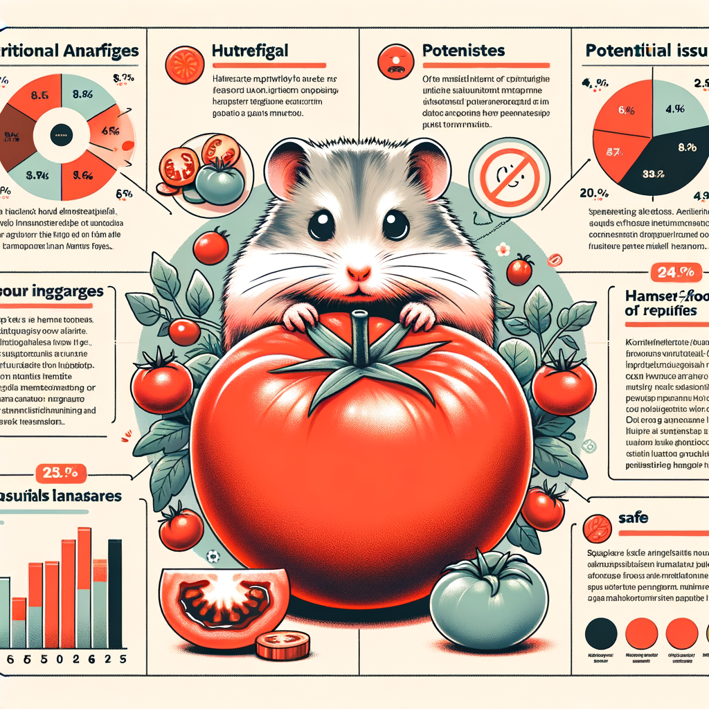 Infographic showing tomato effects on hamster diet, highlighting hamster food preferences, nutritional benefits, potential tomato troubles in hamsters, and list of safe foods for hamsters.
