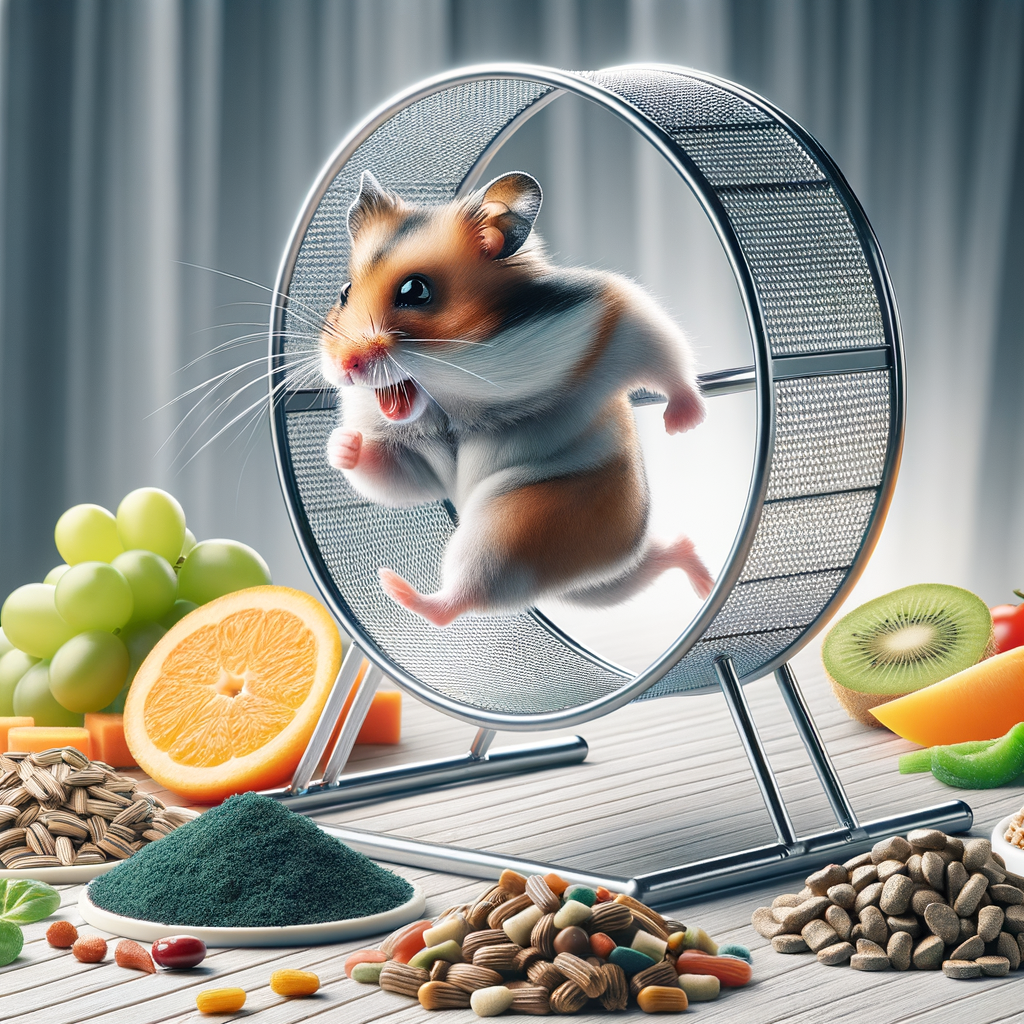 Healthy hamster exercising on wheel and eating nutritious diet for effective pet weight management, illustrating hamster fitness and weight loss strategies.