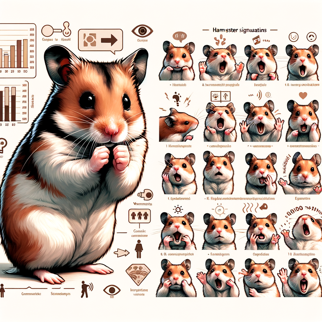 Professional illustration of hamster behavior, showcasing hamster gestures, body language, and vocalizations with a decoding panel for understanding hamster sounds and their meanings, perfect for interpreting hamster communication signals.