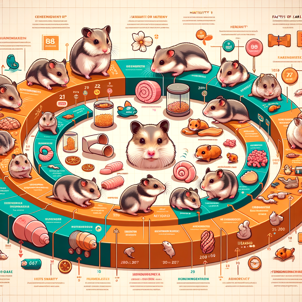 Infographic illustrating hamster lifespan stages, hamster life cycle, growth stages, age progression, and essential hamster care tips for optimal hamster health and life expectancy.