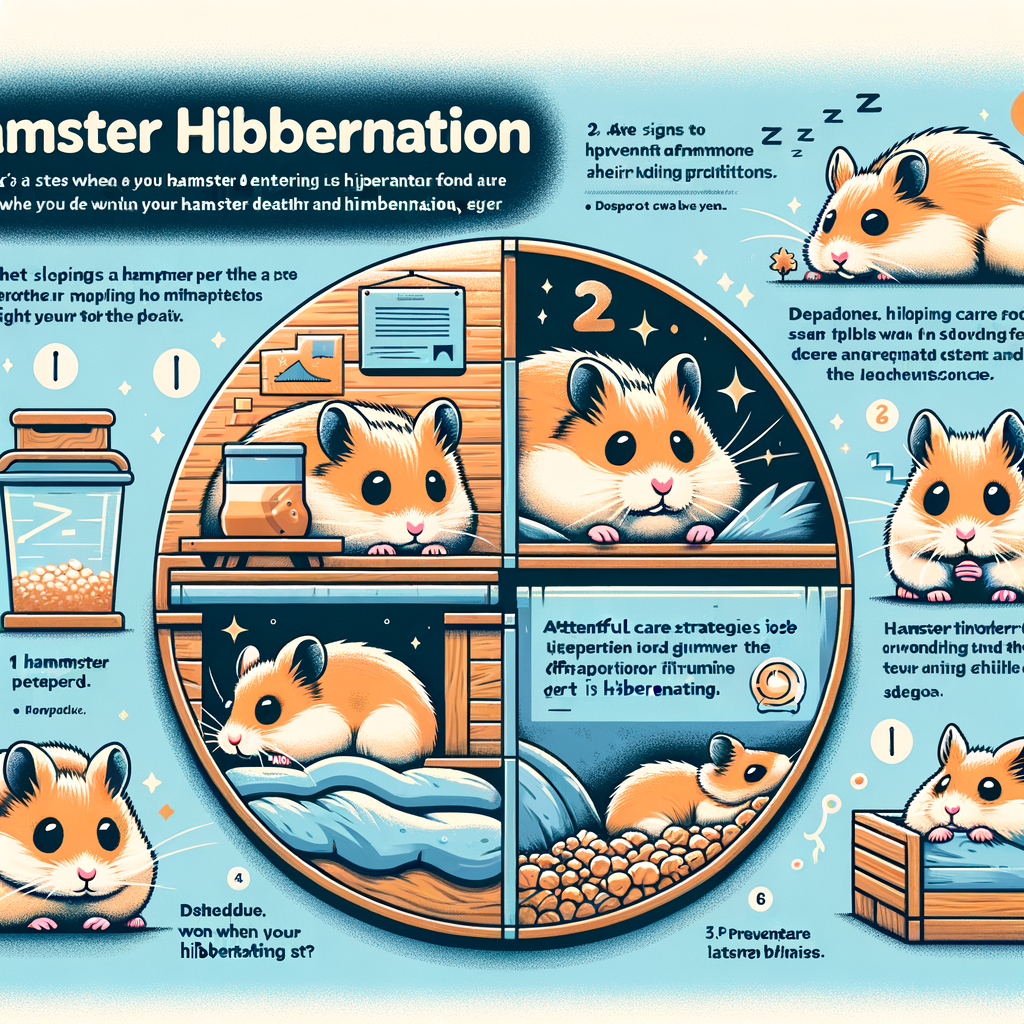 Comprehensive infographic detailing hamster hibernation stages, sleep patterns, care tips, signs of hibernation, understanding the difference between hibernation and death, and methods to prevent hibernation in winter for hamsters.