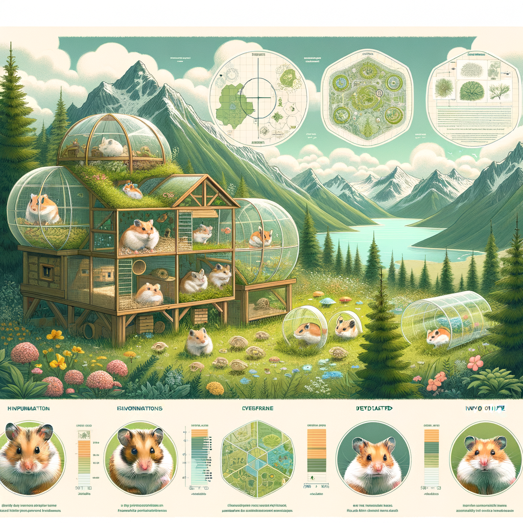 Scientific illustration of wild hamster habitats, showcasing natural environments for hamsters, their lifestyle in nature, and exploration of their living conditions for research and study.